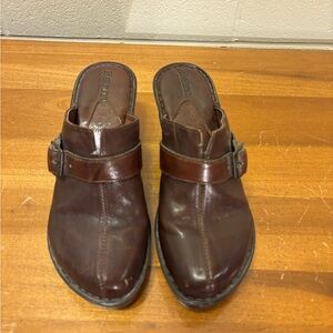 Born Women’s Dark Brown Leather Slip-On Clogs with Buckle Detail